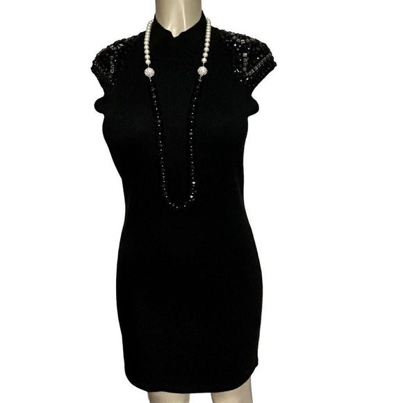 Design History Sweater Dress Women's Medium Black Fitted Cap Sleeves Embellished - Picture 11 of 12